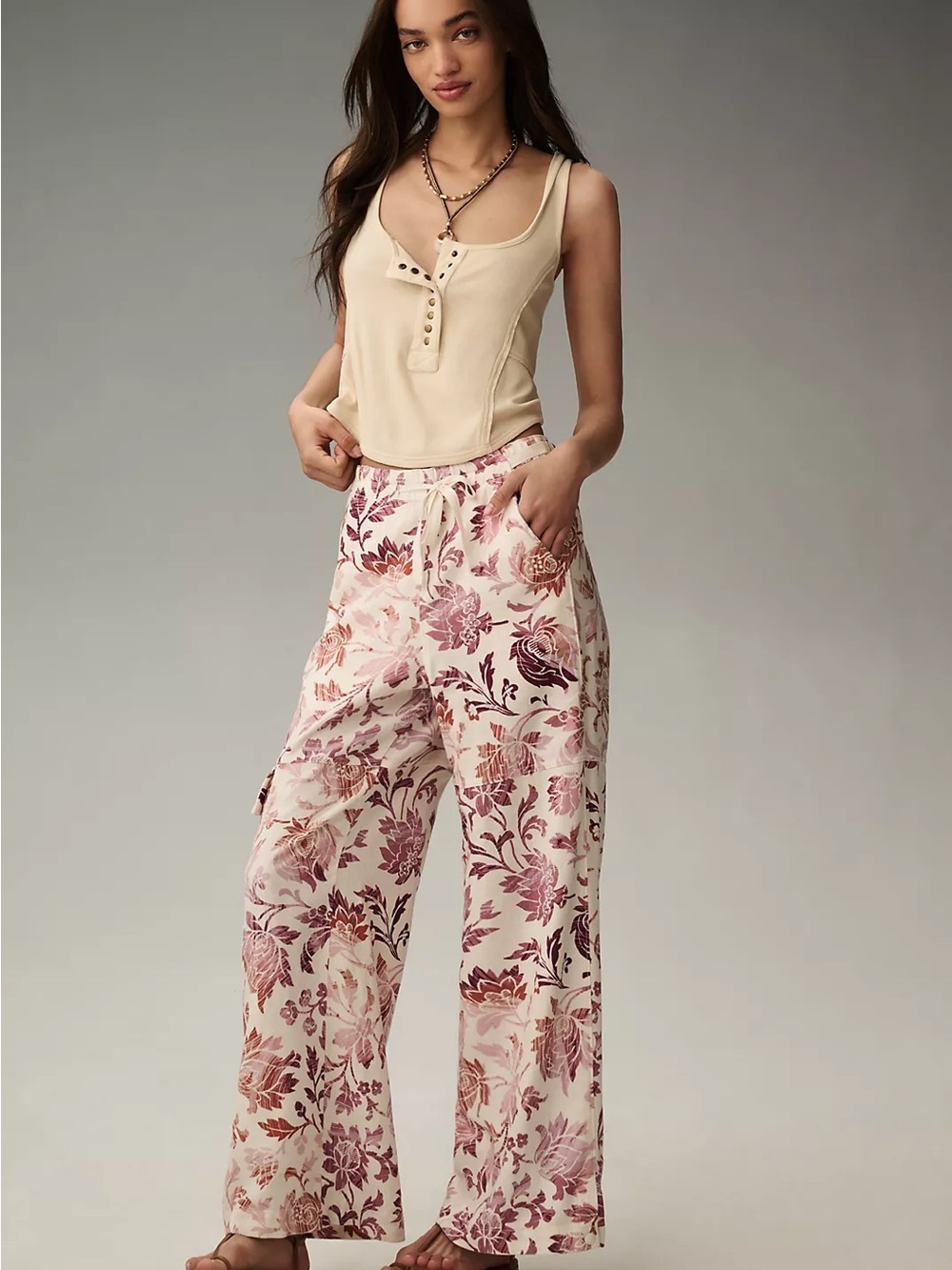 Pilcro Anthropologie Linen Blend Floral Wide Leg Resort Vacay Pants Medium Flare